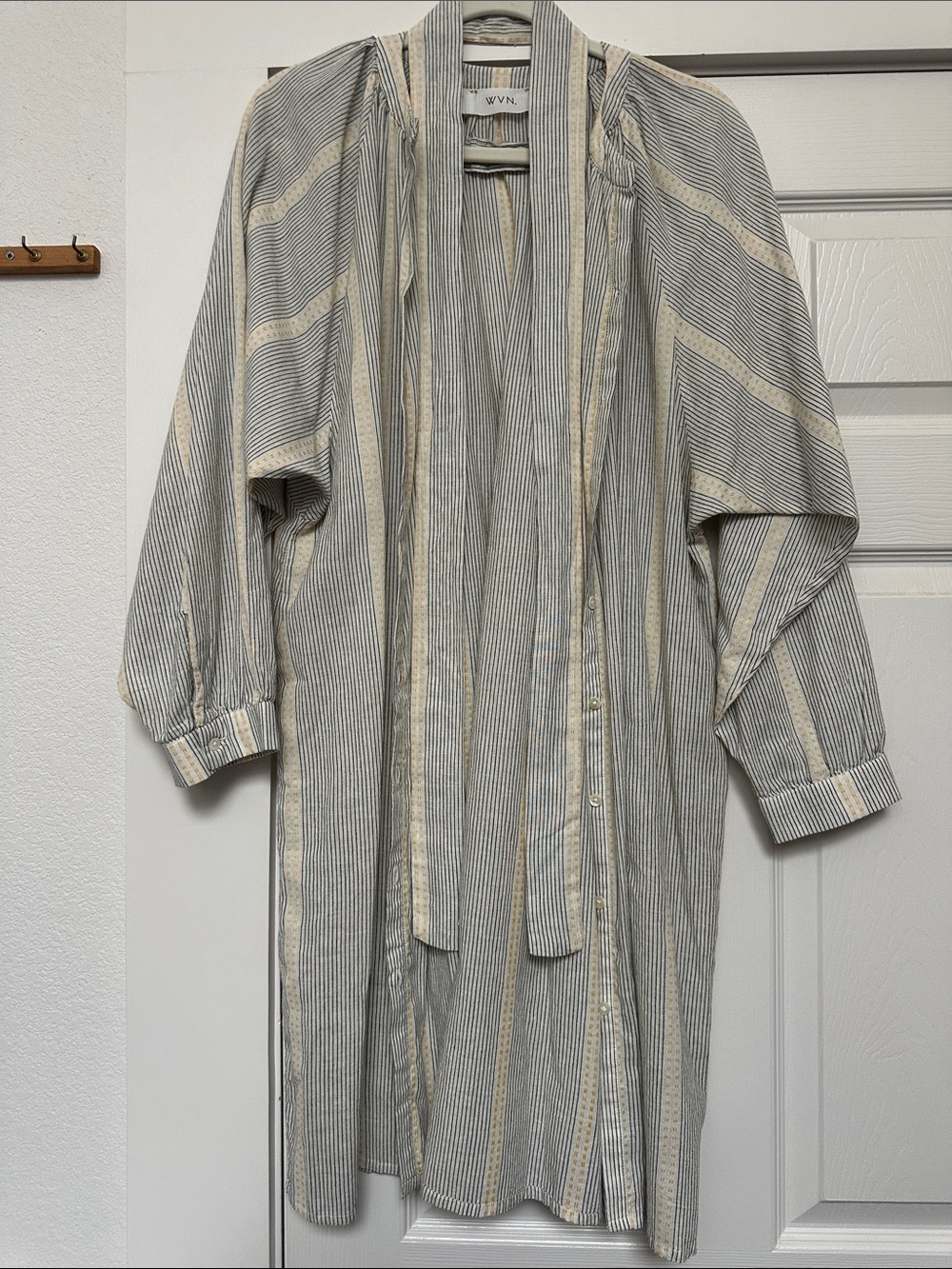 WVN Striped Long Sleeve Shirt Dress in Cream & Gray